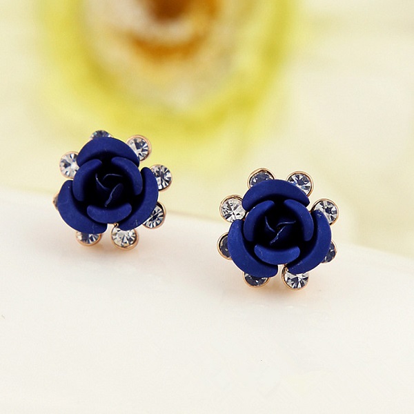 crystal rhinestone blue rose flower ear stud earrings for women