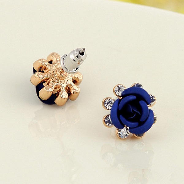 crystal rhinestone blue rose flower ear stud earrings for women
