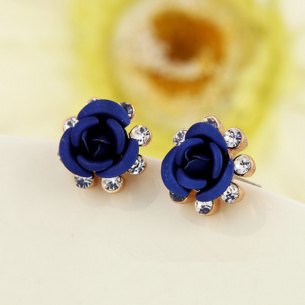 crystal rhinestone blue rose flower ear stud earrings for women