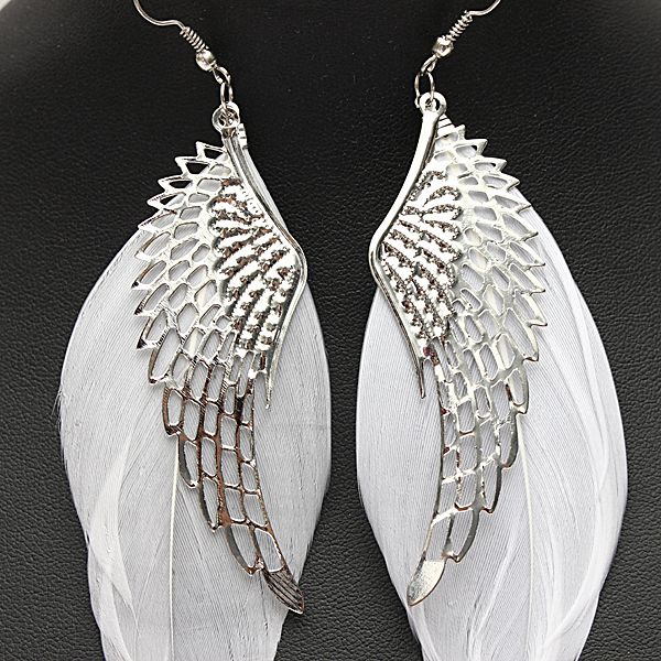 white feather angel wing dangle earrings ear drop for women