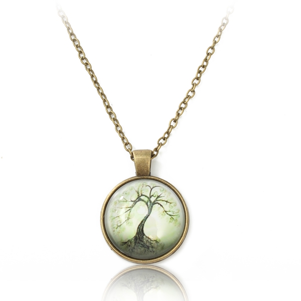 Tree Necklace, Glass Cabochon Necklace, Bronze Chain Necklace