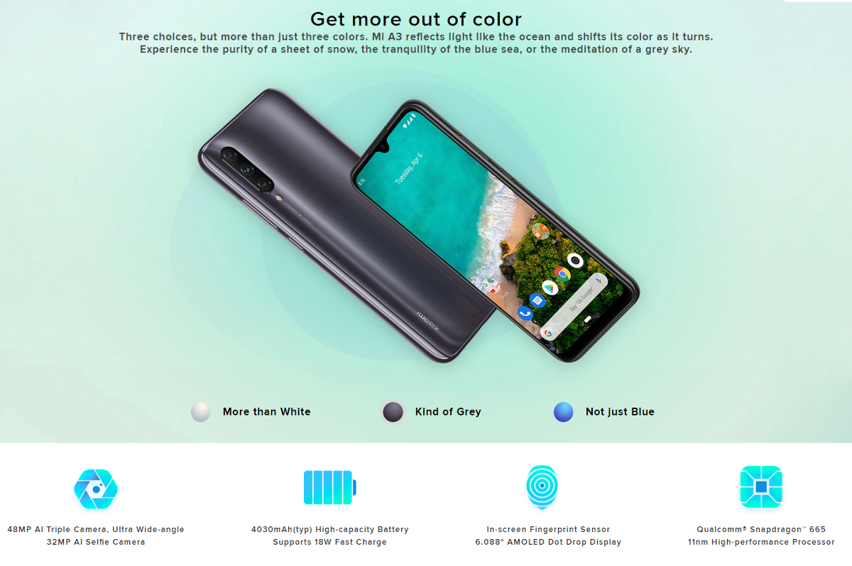 Xiaomi Mi A3 Global Version 6.088 inch AMOLED 48MP Triple Rear Camera 4GB 64GB Snapdragon 665 Octa core 4G Smartphone