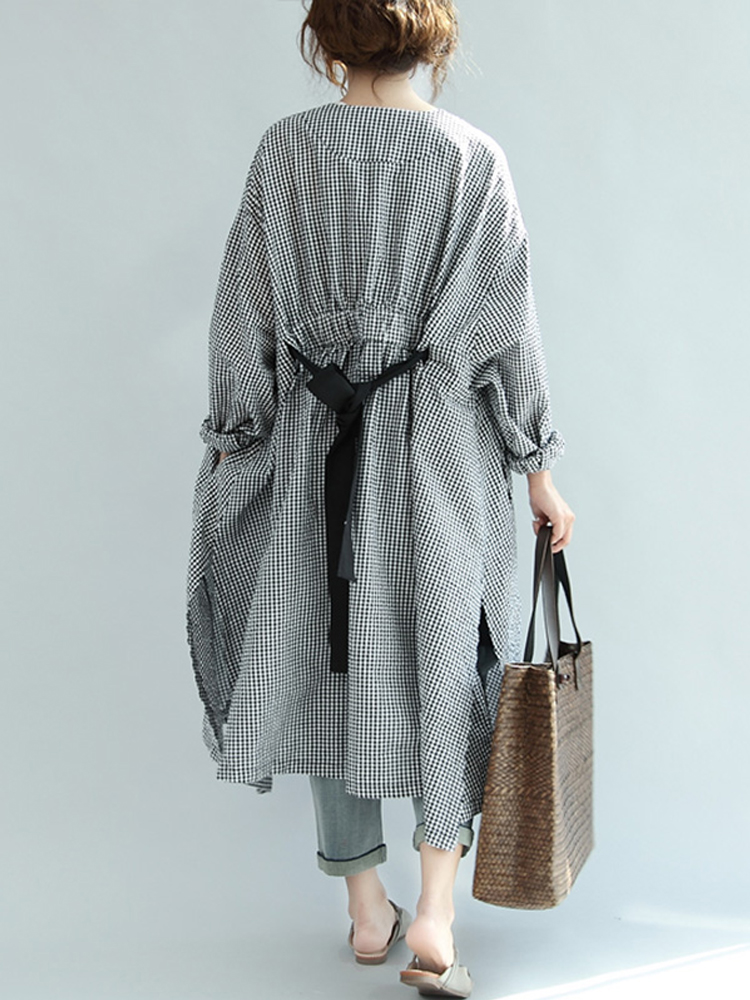 Women Check V Neck Button Down Long Shirt Dress