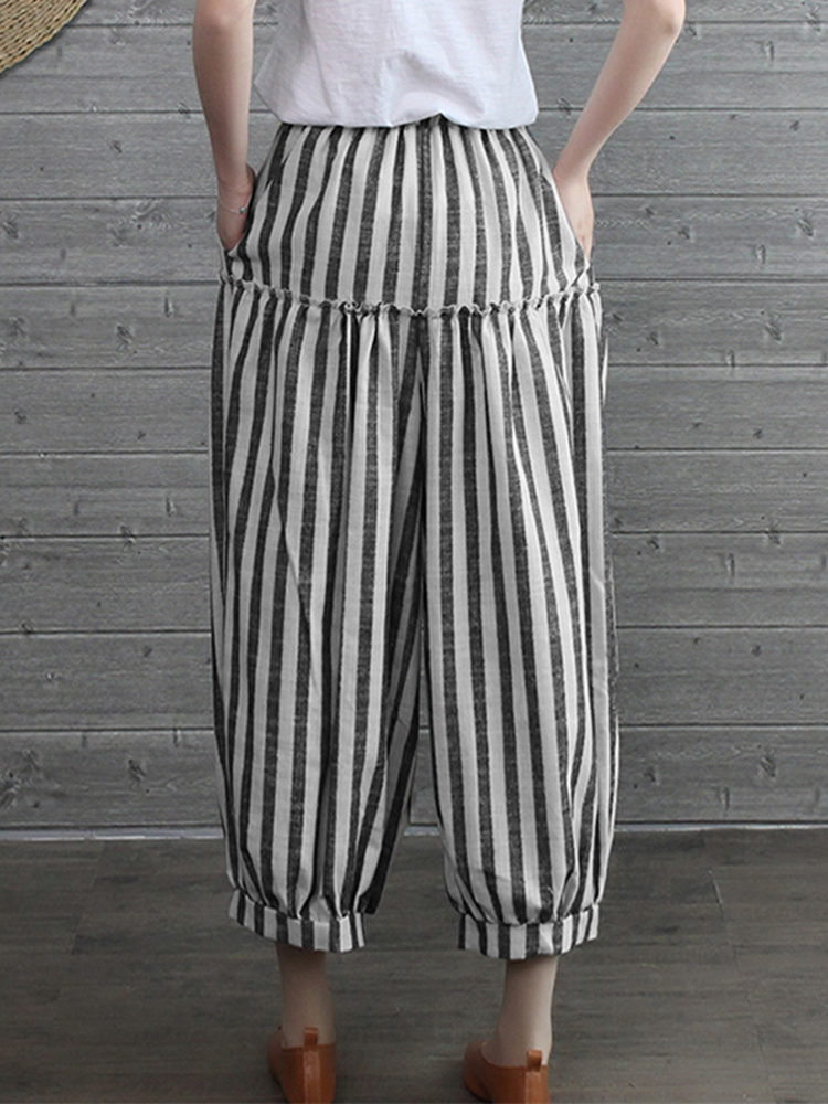 Women Vintage Elastic High Waist Striped Pants