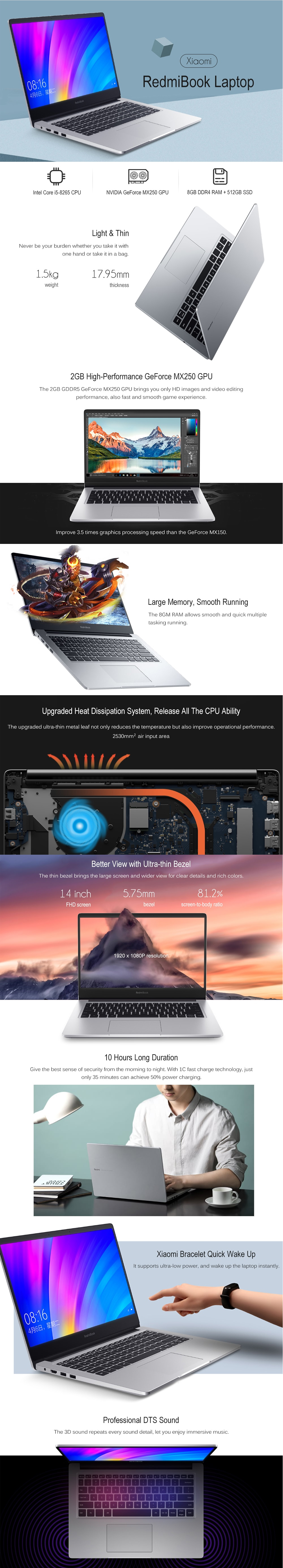 Máy tính xách tay Xiaomi RedmiBook 14 inch Intel Core i5-8265U Quad Core 1.6GHz Win10 NVIDIA GeForce MX250 8GB RAM 512GB SSD FHD Độ phân giải màn hình