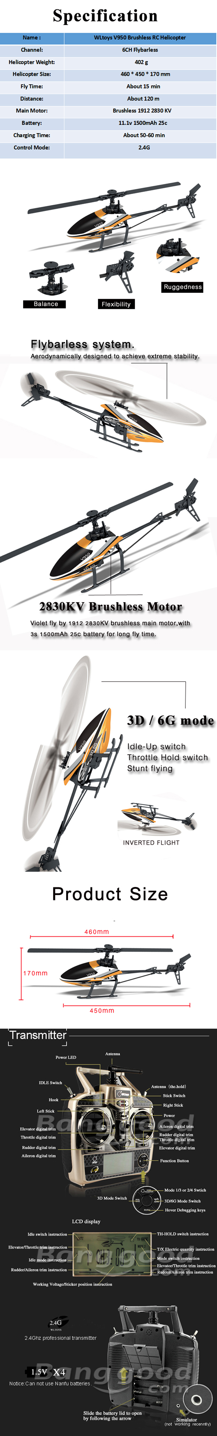 wltoys v950 2.4 g 6ch helicopter