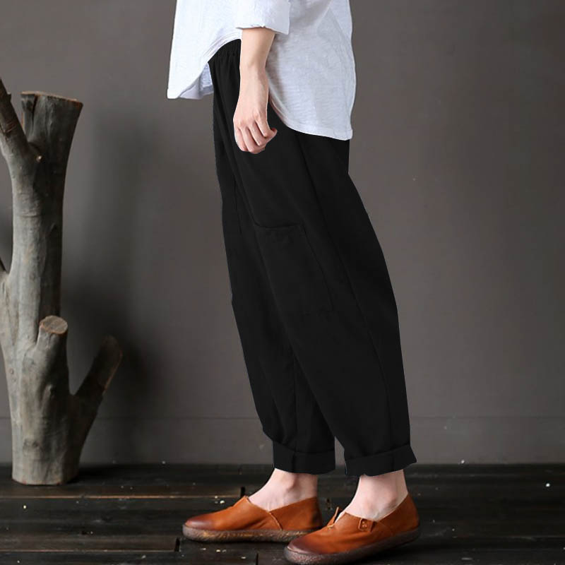 Women Pure Color Pocket Elastic Waist Baggy Pants