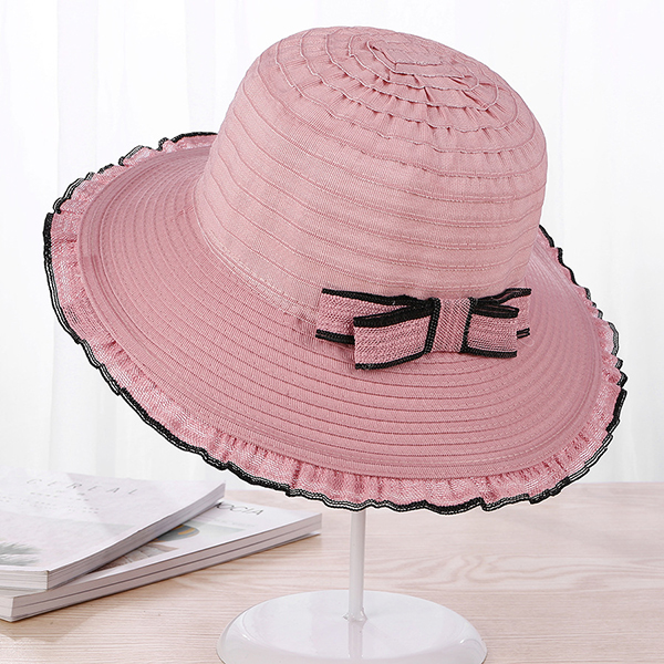Femmes Summer Bowknot Straw Plage Chapeau Big Brim Parasol Visière Seau Chapeaux