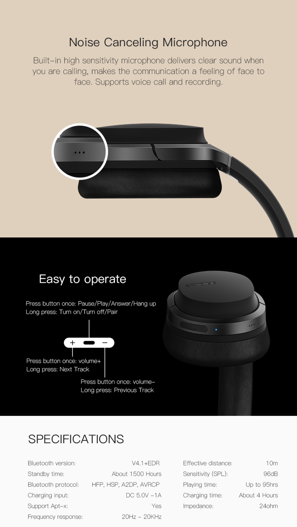 Edifier W830BT bluetooth 4.1 Wireless HIFI Noise Isolation Headphone With Mic Support NFC AUX