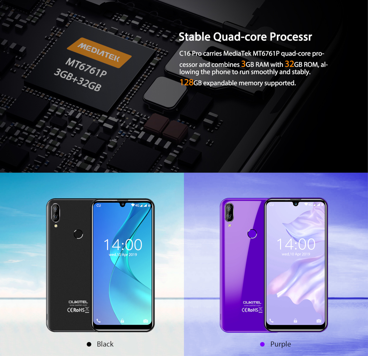 OUKITEL C16 Pro,Face ID,Waterdrop Screen,Android 9.0,4G Smartphone