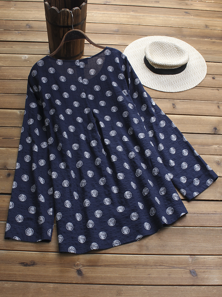 Women Polka Dot Print Long Adjustable Sleeve Vintage Blouse