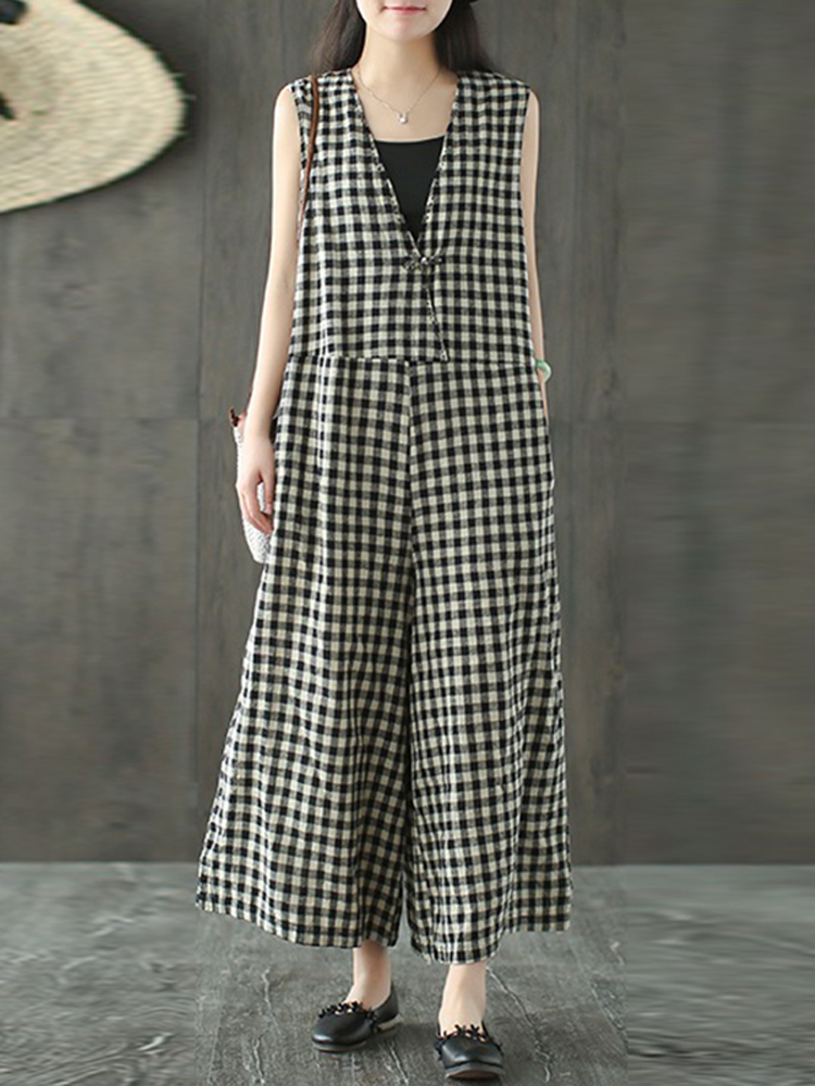Women Vintage Sleeveless V-neck Plaid Wide Leg Jumpsuit