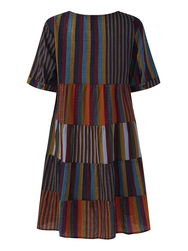 Women Short Sleeve Striped Patchwork Cotton Shirt Dress