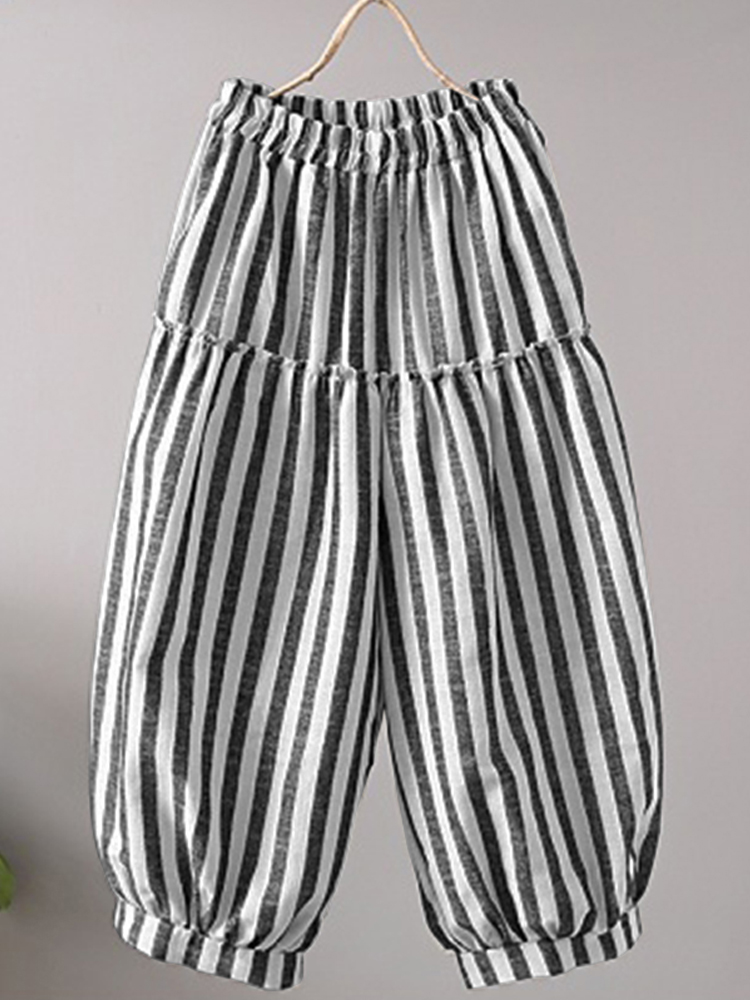 Women Vintage Elastic High Waist Striped Pants