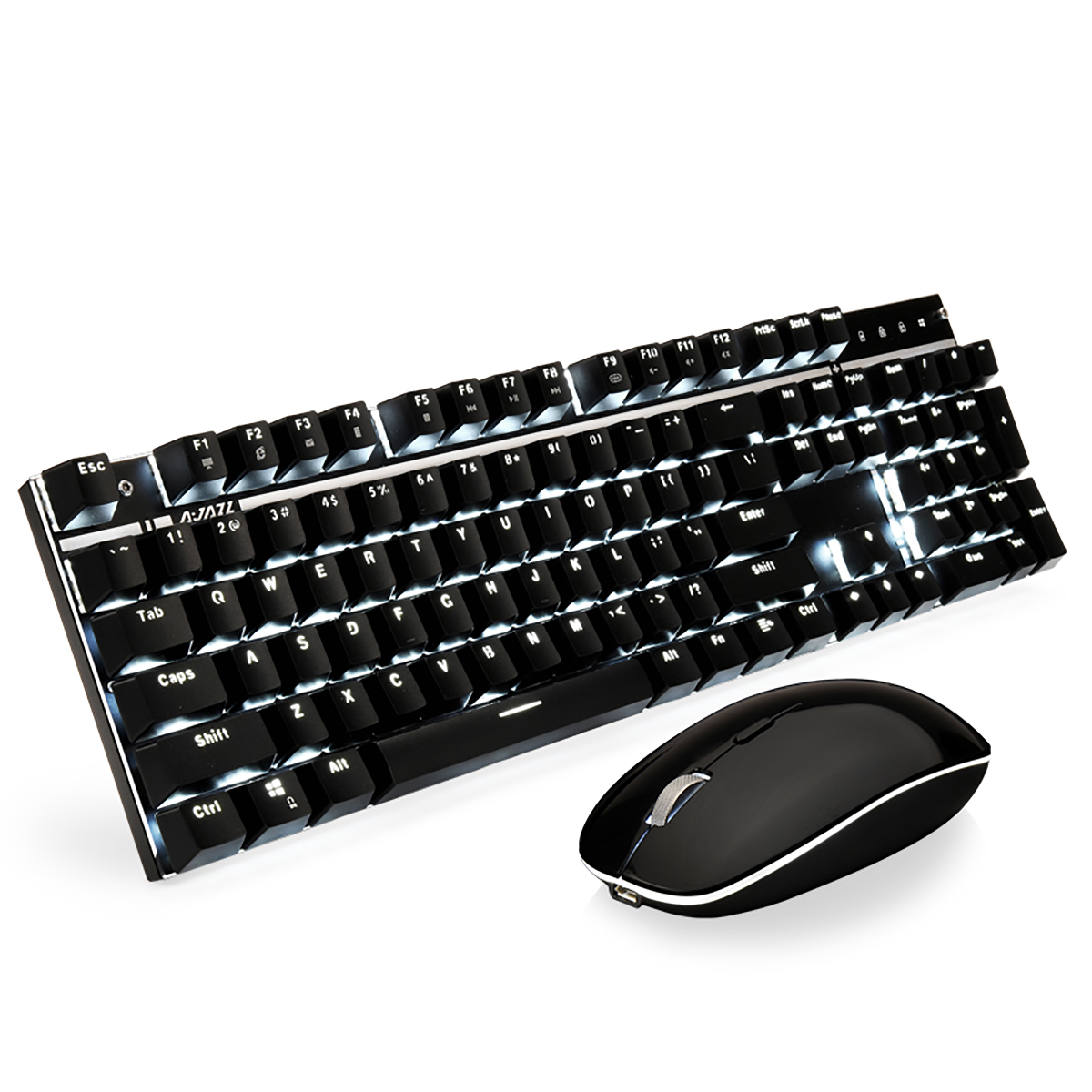 Ajazz A3008 2.4G Wireless White Backlit Mechaincal Gaming Keyboard Mouse Set Black Axis Switch Rechargeable