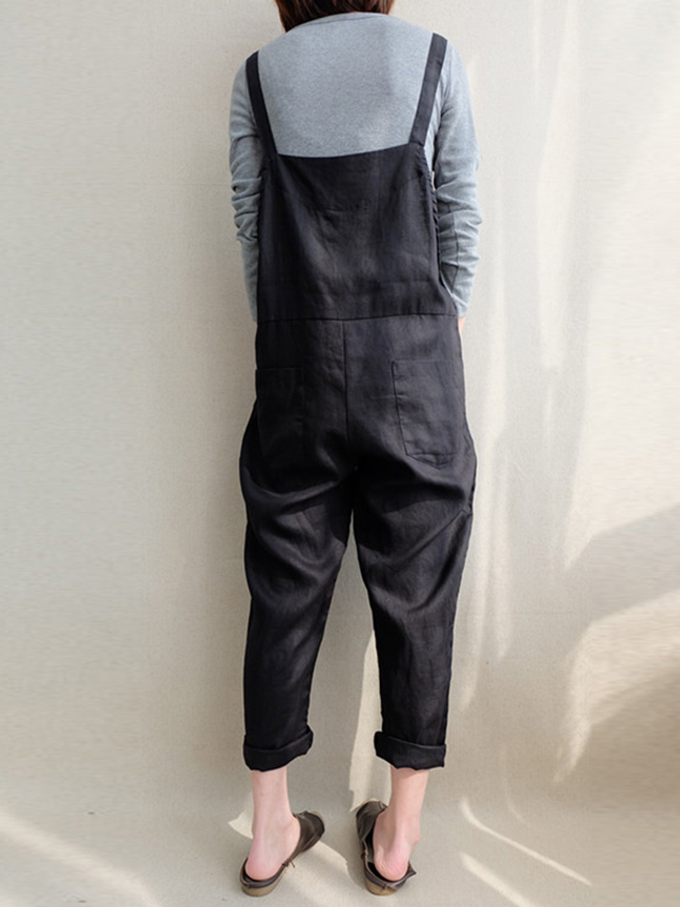 Casual Women Solid Color Strappy Pocket Loose Harem Jumpsuit