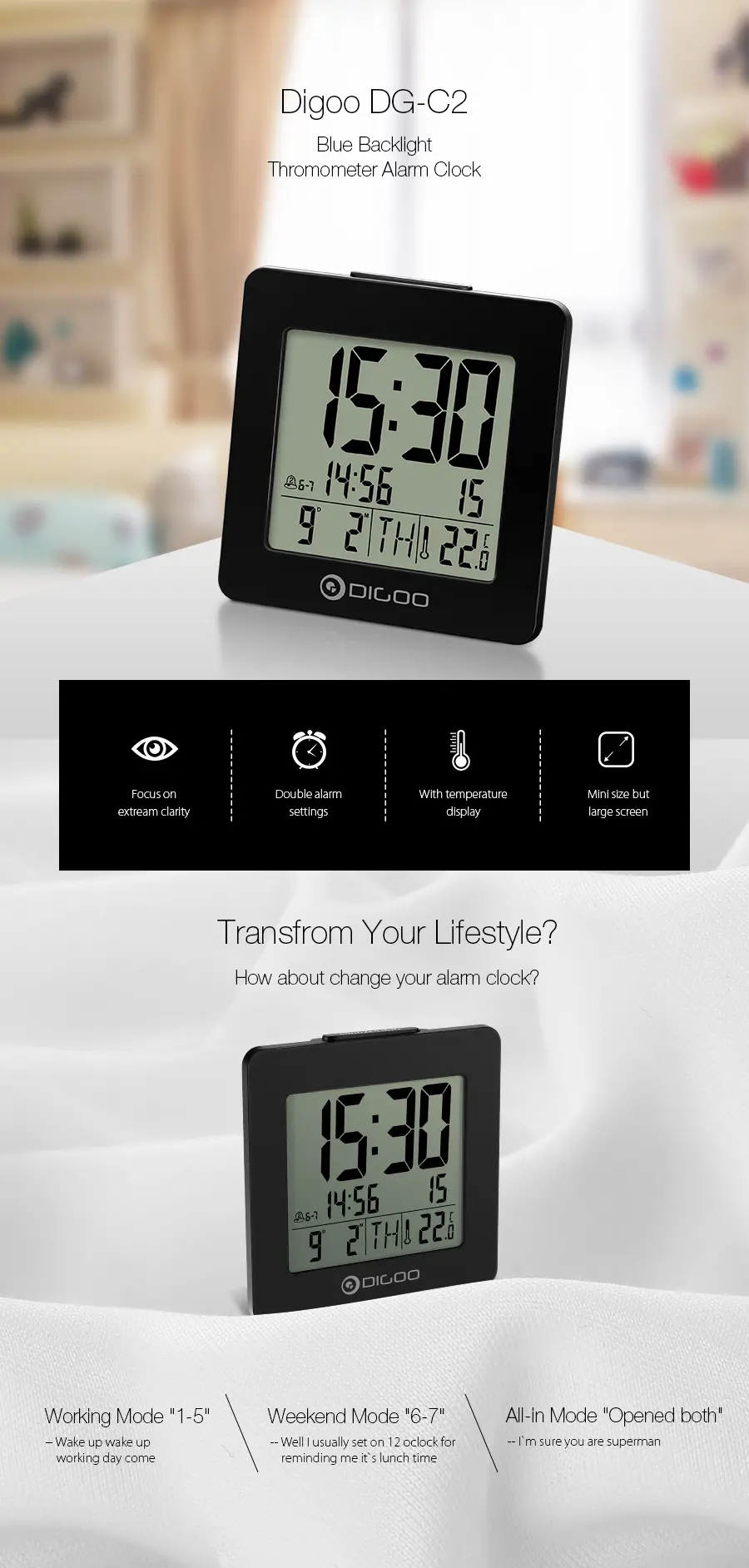 Digoo DG-C2 Horloge Thermomètre Bureau Familial Confort Intérieur Digital Blue Rétroéclairé LCD Réveil 3 Modes de Réglage d'alarme Digoo DG-C2 Horloge Thermomètre Bureau Familial Confort Intérieur Digital Blue Rétroéclairé LCD Réveil 3 Modes de Réglage d'alarme