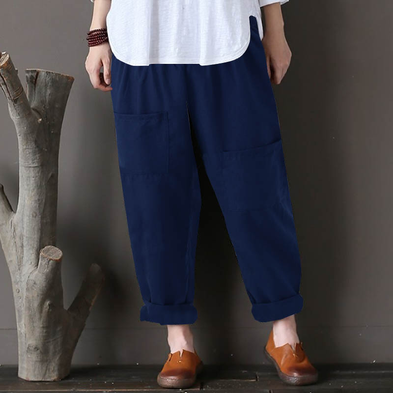 Women Pure Color Pocket Elastic Waist Baggy Pants