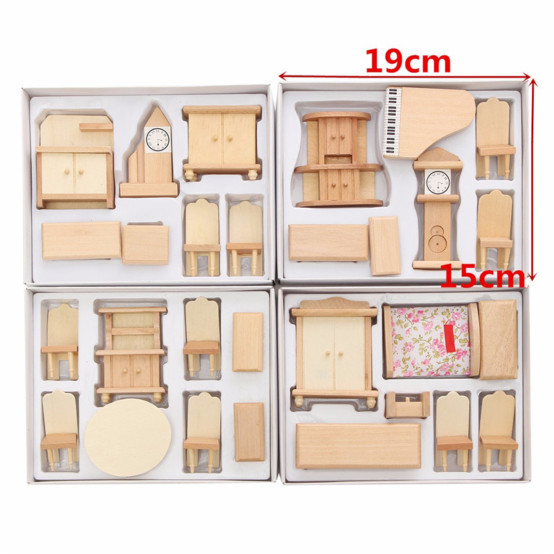 New 29 Pcs 1:24 Scale Dollhouse Miniature Unpainted Wooden Furniture Model Suite