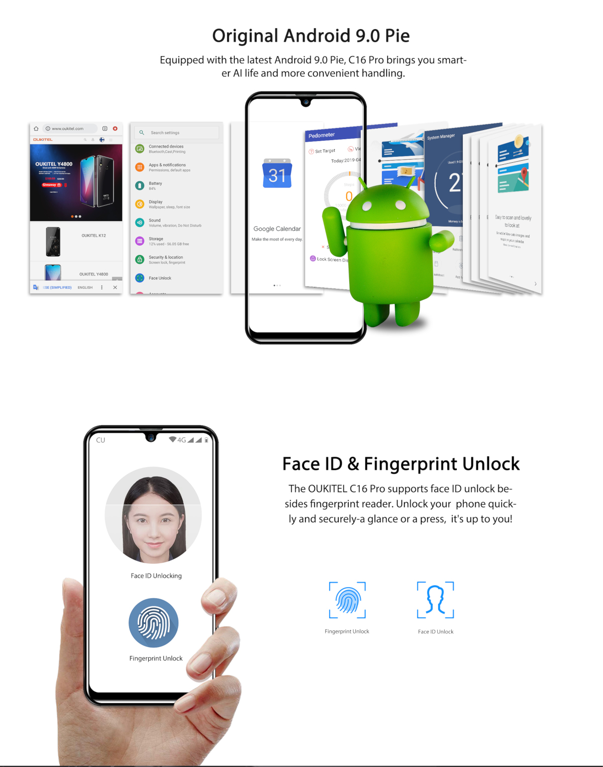 OUKITEL C16 Pro,Face ID,Waterdrop Screen,Android 9.0,4G Smartphone