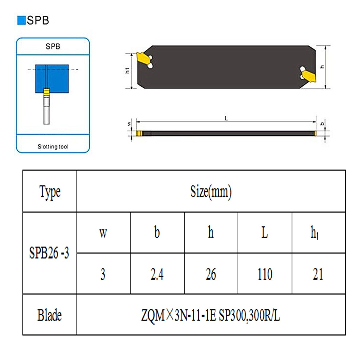 SPB26-3 26mm Part Off Blade Grooving Cut-Off Tool for ZQMX 3N11-1E SP300 Insert SMBB1626 Holder