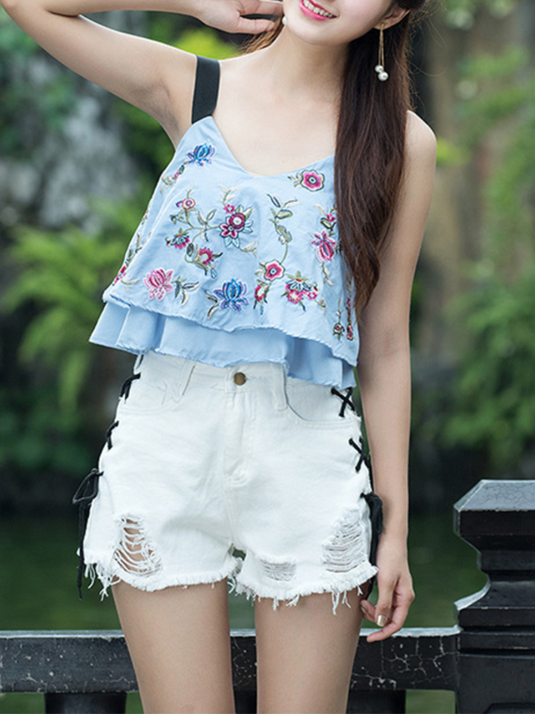 Folk style Strap Embroidery V-neck Double Layer Tank Tops