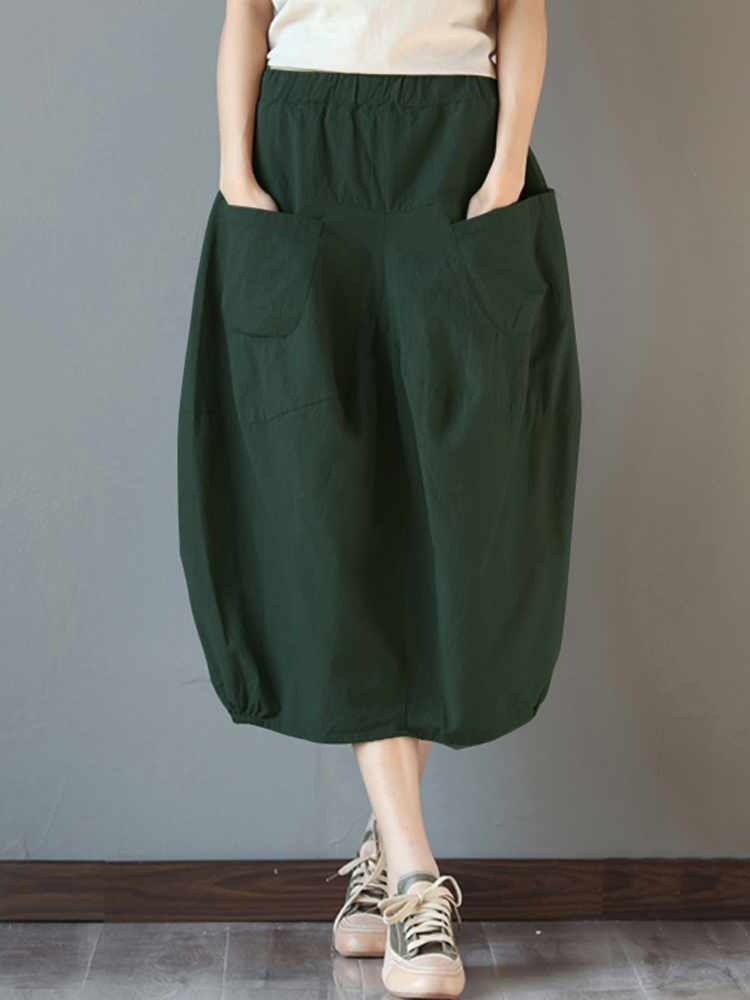 Women Elastic High Waist Basic Cotton Midi Skirts