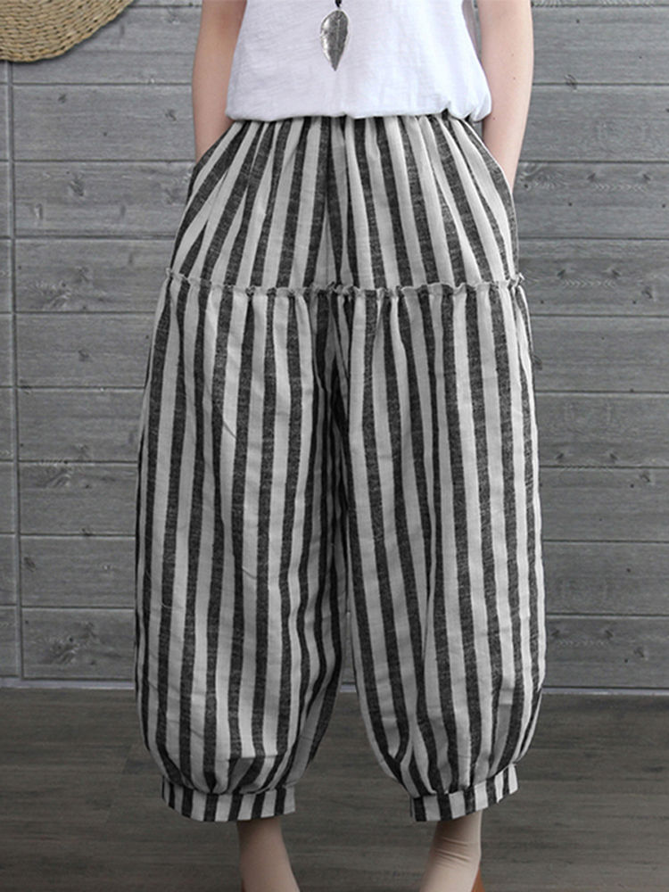 Women Vintage Elastic High Waist Striped Pants
