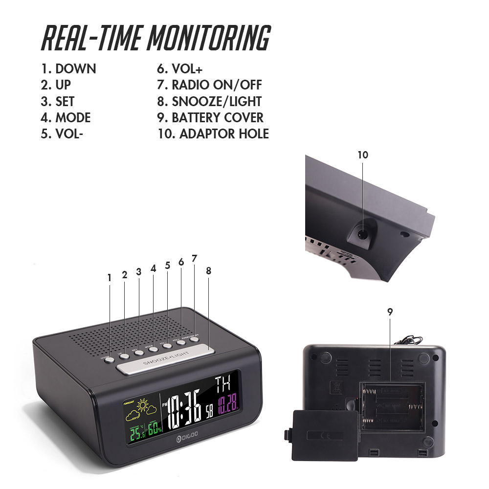 Digoo DG-FR100 SmartSet Réveil Numérique sans Fil Prévisions Météo Sommeil avec Radio FM Horloge