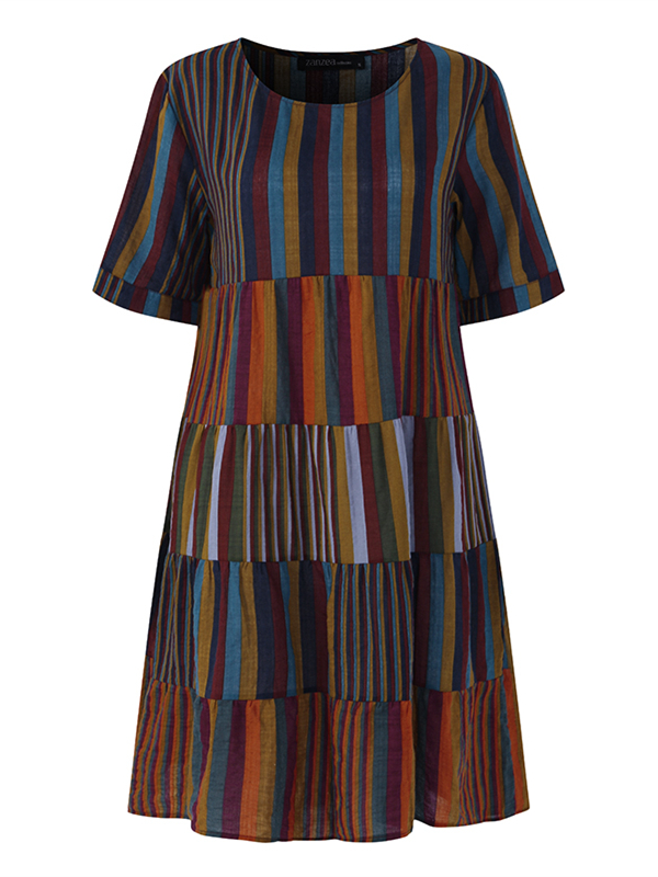 Women Short Sleeve Striped Patchwork Cotton Shirt Dress