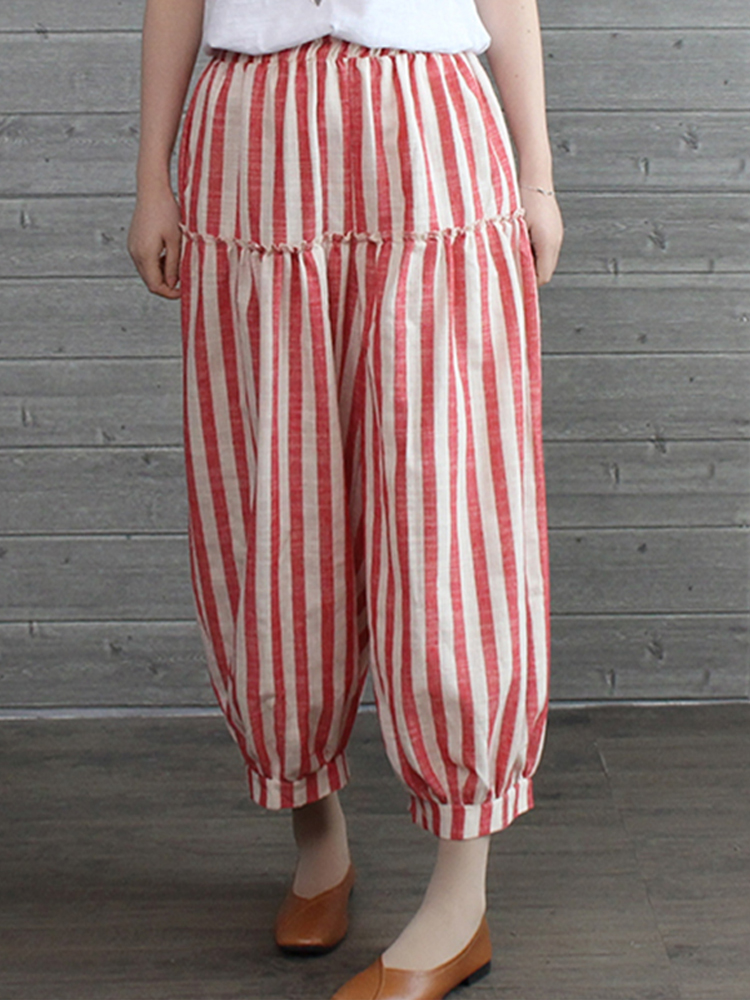 Women Vintage Elastic High Waist Striped Pants
