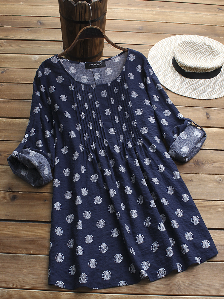 Women Polka Dot Print Long Adjustable Sleeve Vintage Blouse