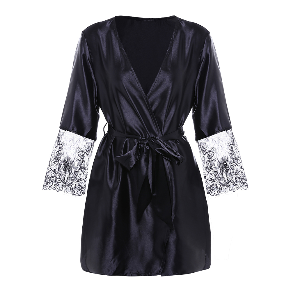 1TopShop Sexy Three Quarter Sleeve Lace Stitching V-Neck Belt Bathrobe Sleepwear
