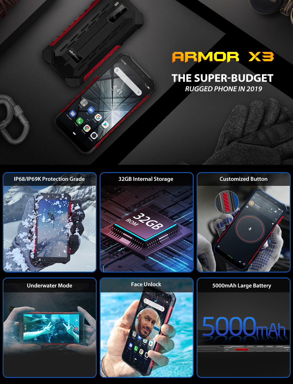 Ulefone ARMOR 3X,IP68 IP69K Waterproof,MT6580 Quad core,2GB RAM 32GB ROM,5000mAh Battery