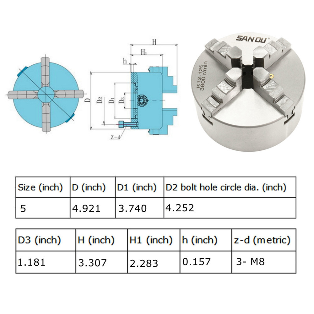 SANOU K12-125 125mm 4 Jaw Self Centering Lathe Chuck with Key
