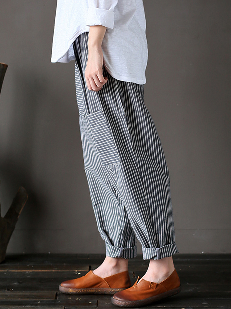 M-5XL Women Stripe Elastic Waist Casual Loose Harem Pants