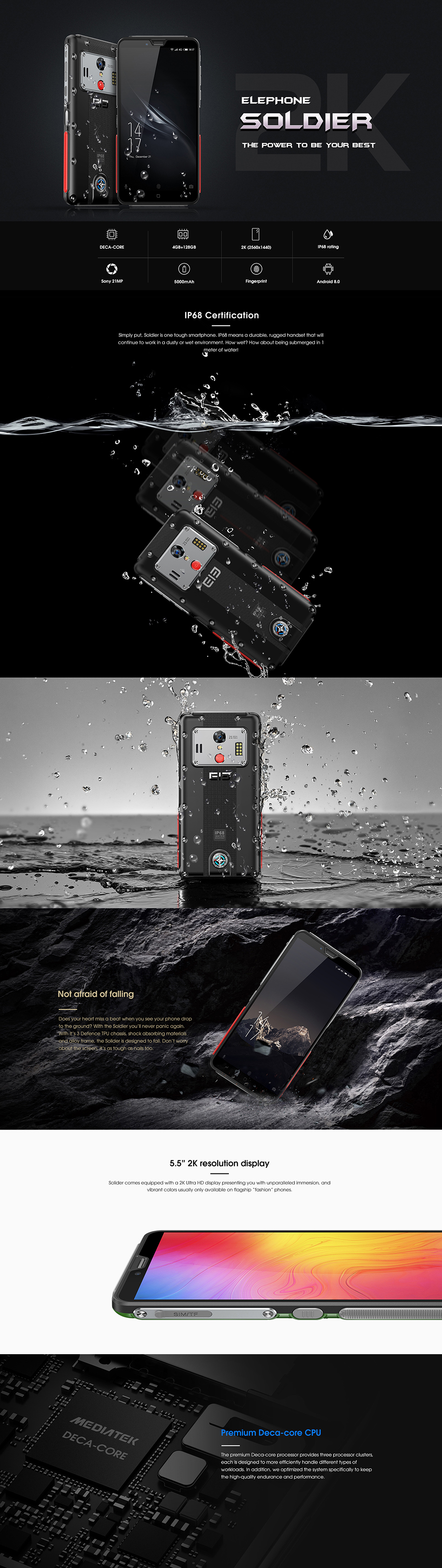 Elephone Soldier 5.5 Inch 2K Screen 5000mAh IP68 Waterproof 4GB 128GB MTK X25 Deca core 4G Smartphone