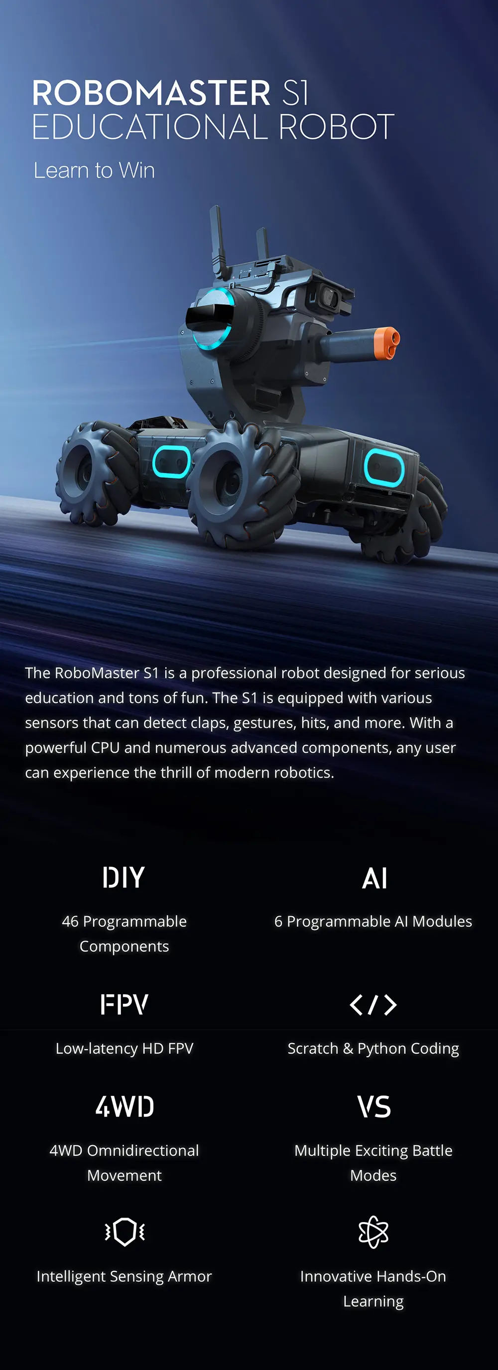 DJI Robomaster S1 STEAM DIY 4WD Brushless HD FPV APP ควบคุมหุ่นยนต์อัจฉริยะศึกษาด้วย AI สนับสนุน Modules Scratch 3.0 หลามโปรแกรม