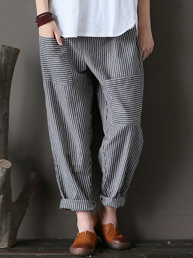 M-5XL Women Stripe Elastic Waist Casual Loose Harem Pants