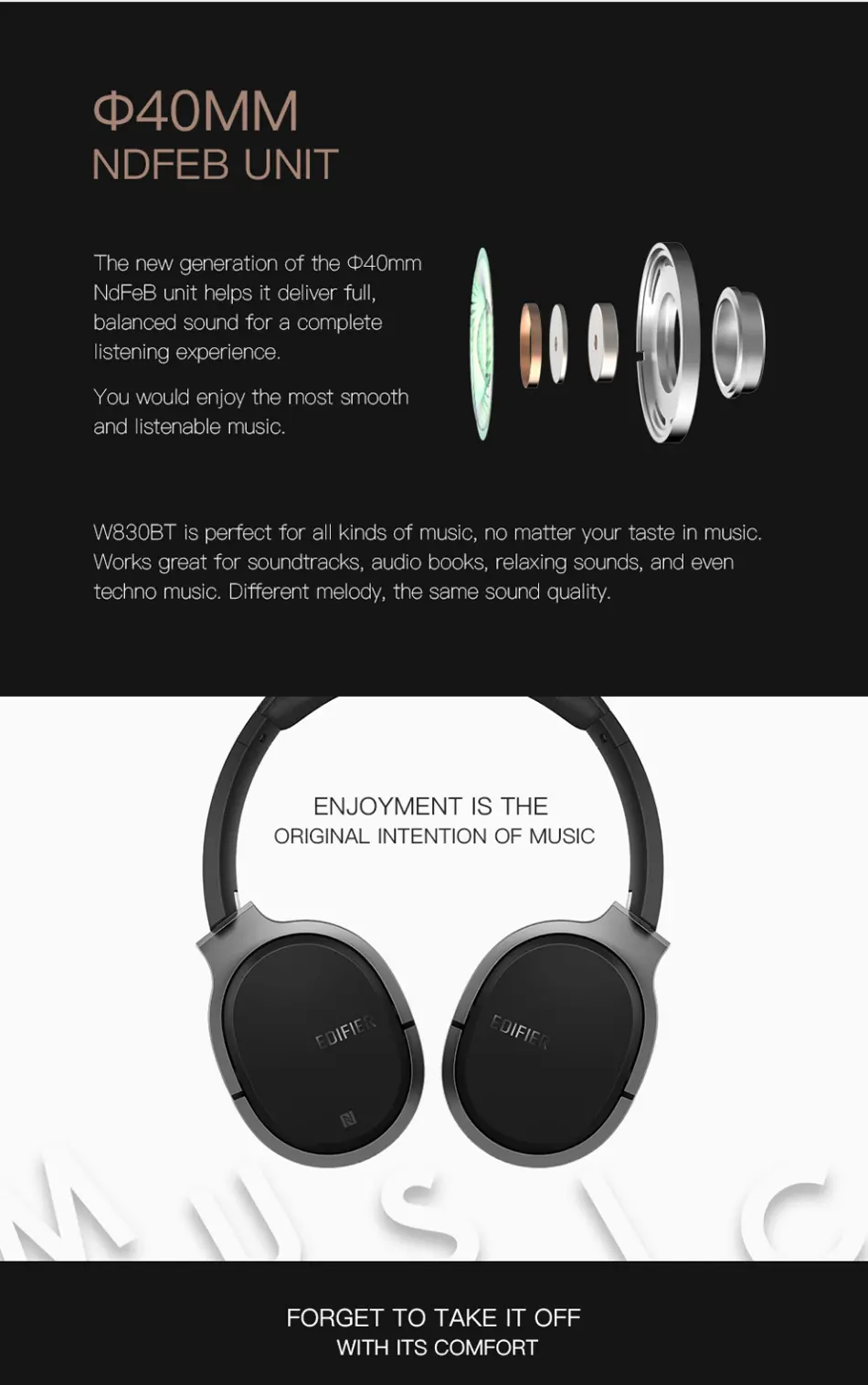 Edifier W830BT bluetooth 4.1 Wireless HIFI Noise Isolation Headphone With Mic Support NFC AUX