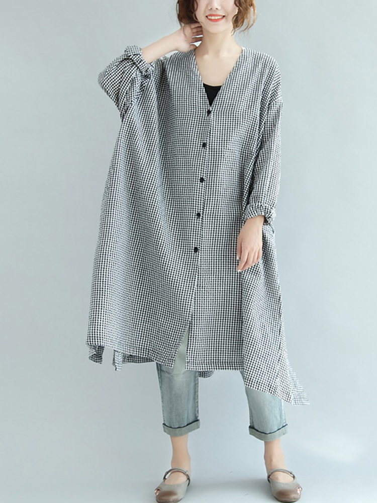 Women Check V Neck Button Down Long Shirt Dress