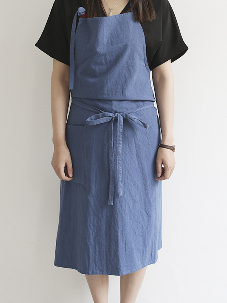 Japanese Brief Solid Color Linen Cotton Vintage Pinafore Dress