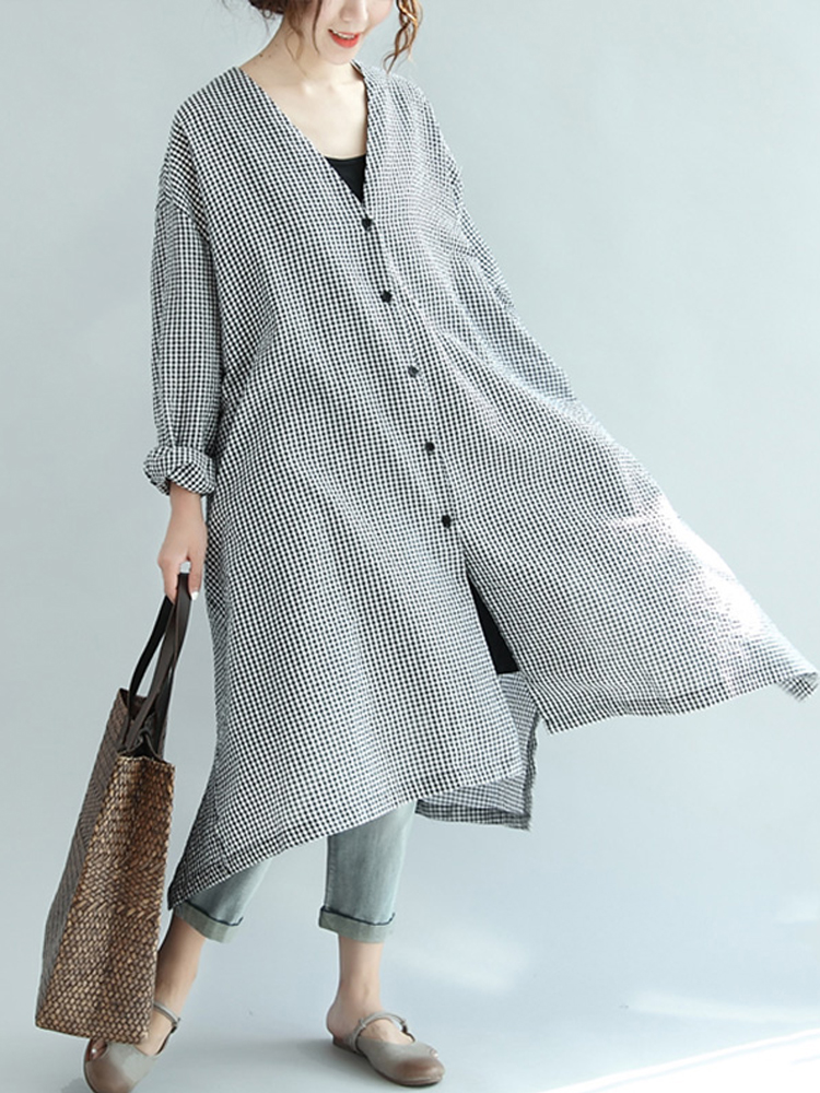 Women Check V Neck Button Down Long Shirt Dress