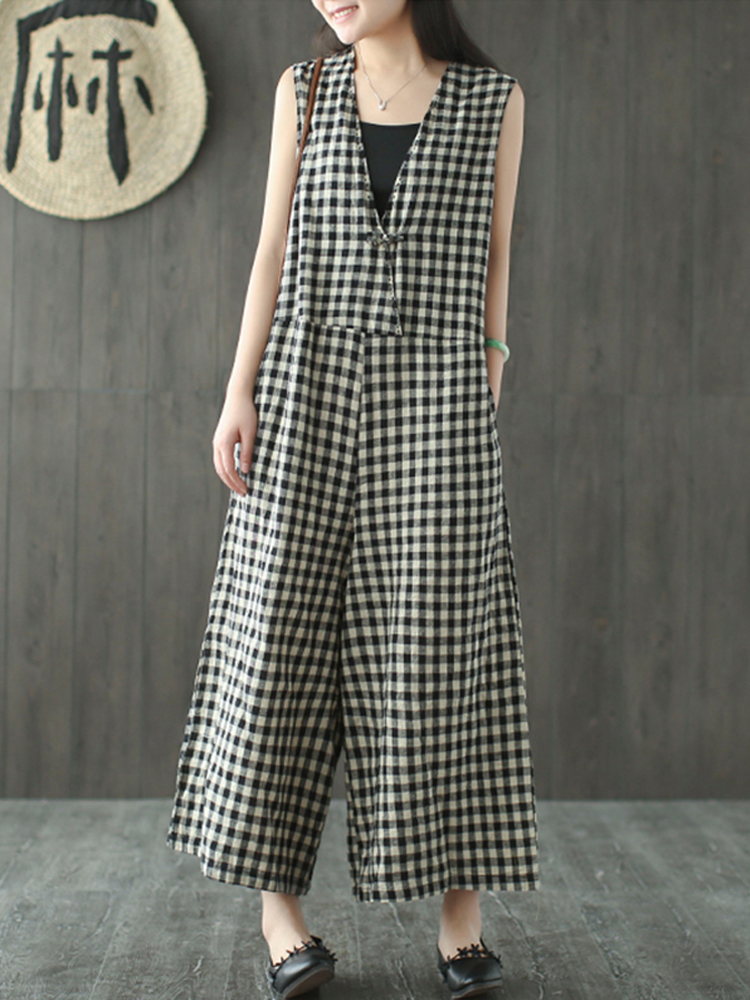 Women Vintage Sleeveless V-neck Plaid Wide Leg Jumpsuit