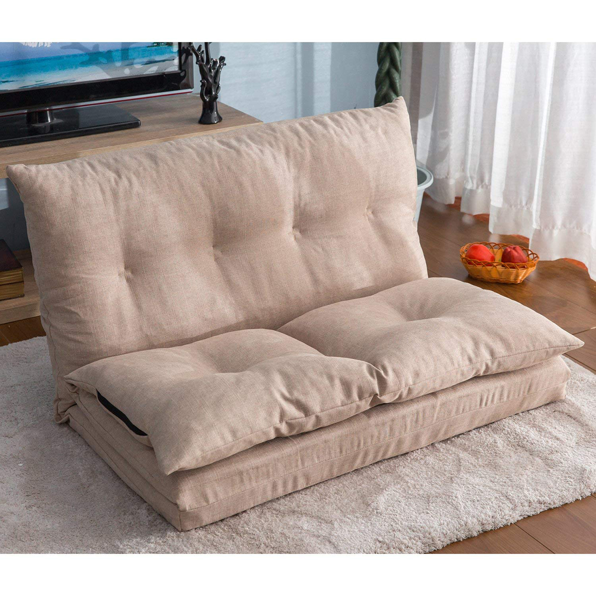 Adjustable Fabric Folding Chaise Lounge Sofa Chair Floor Couch Sleeper Recliner For Living Room Lazy Beige