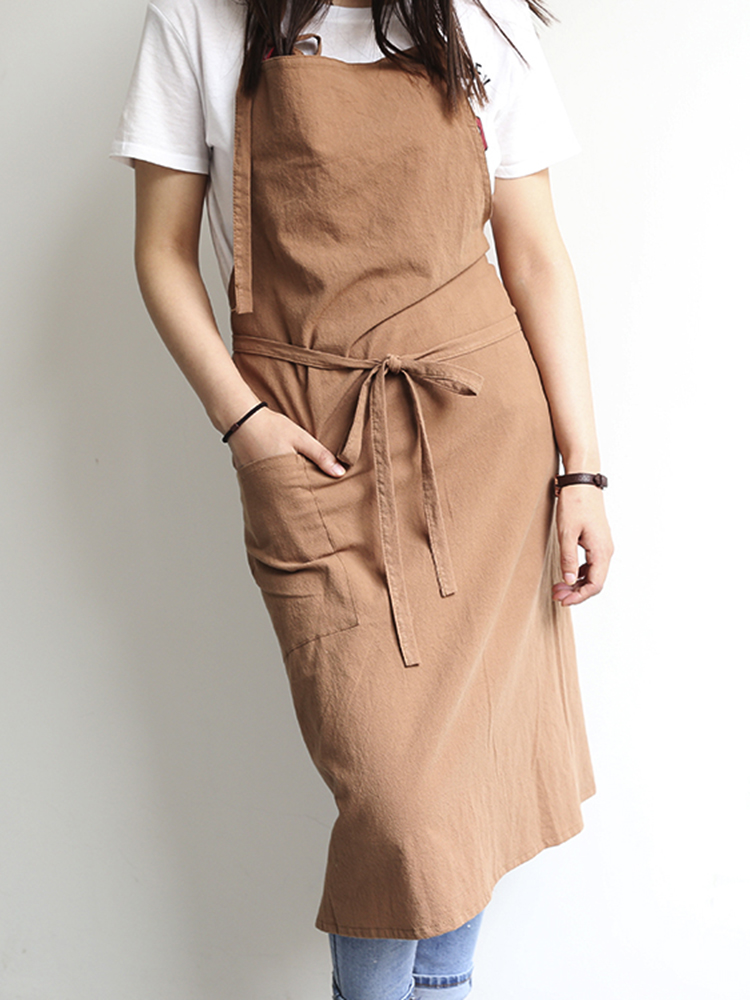 Japanese Brief Solid Color Linen Cotton Vintage Pinafore Dress