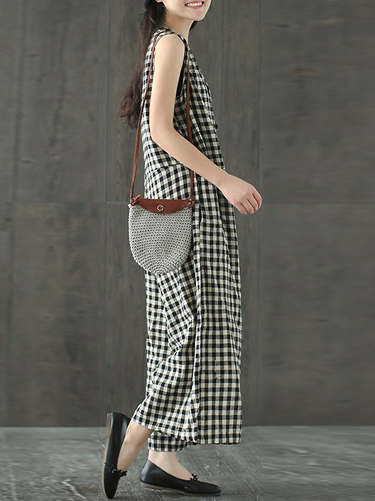 Women Vintage Sleeveless V-neck Plaid Wide Leg Jumpsuit