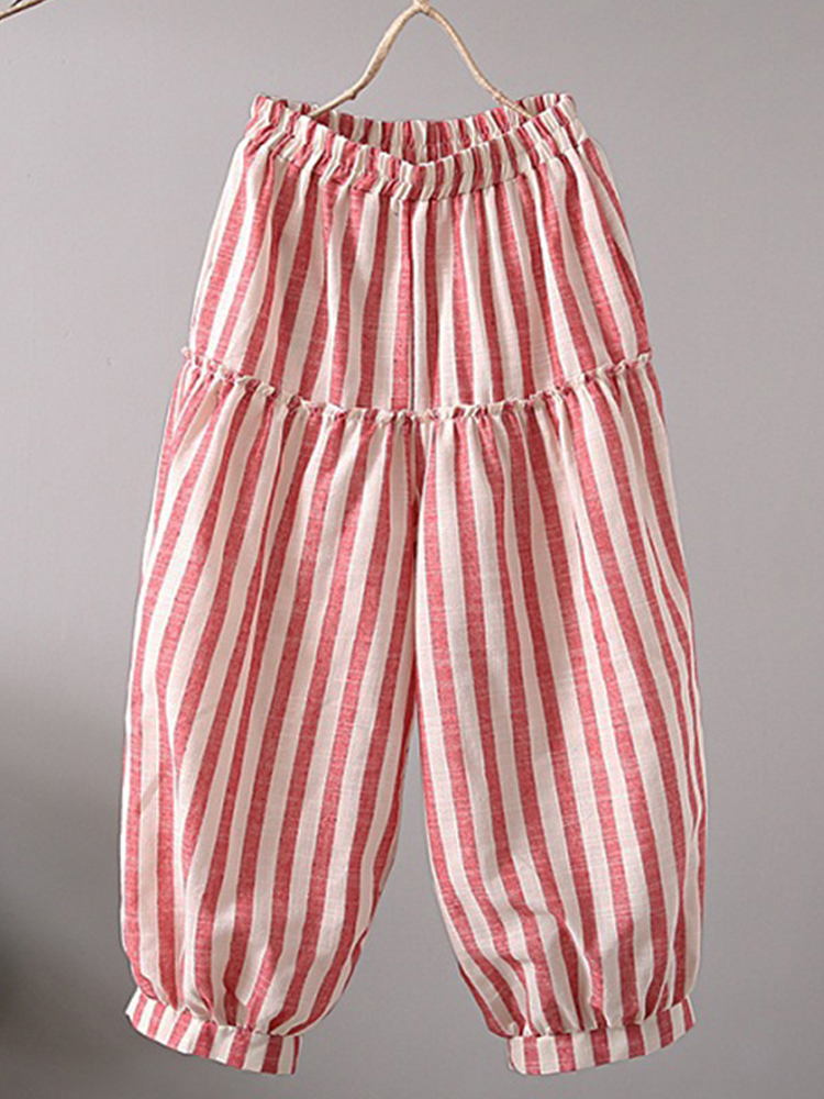 Women Vintage Elastic High Waist Striped Pants