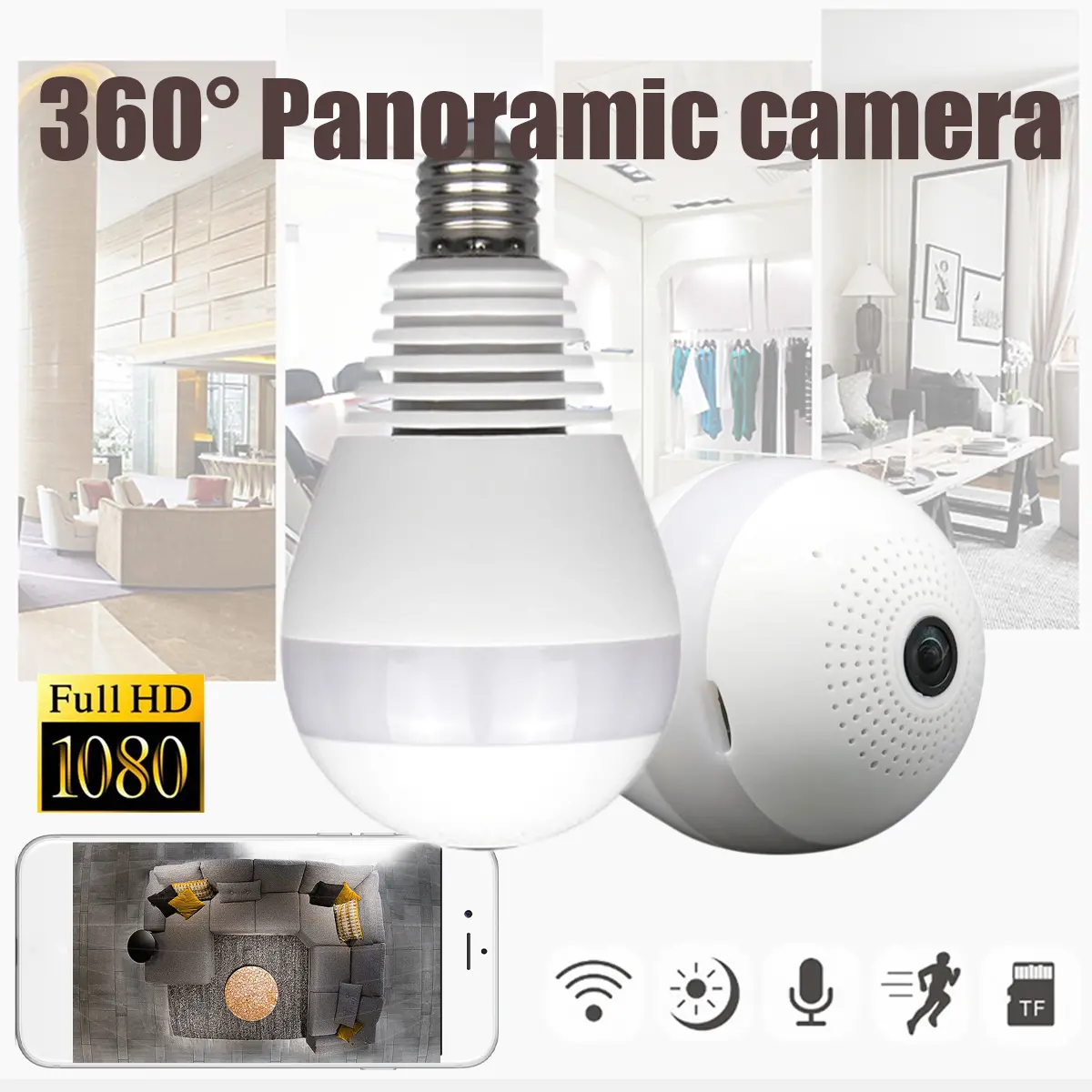 E27 360 ° Panoramique 1080P IR Caméra Cachée Ampoule Wifi Fisheye CCTV Caméra de Sécurité