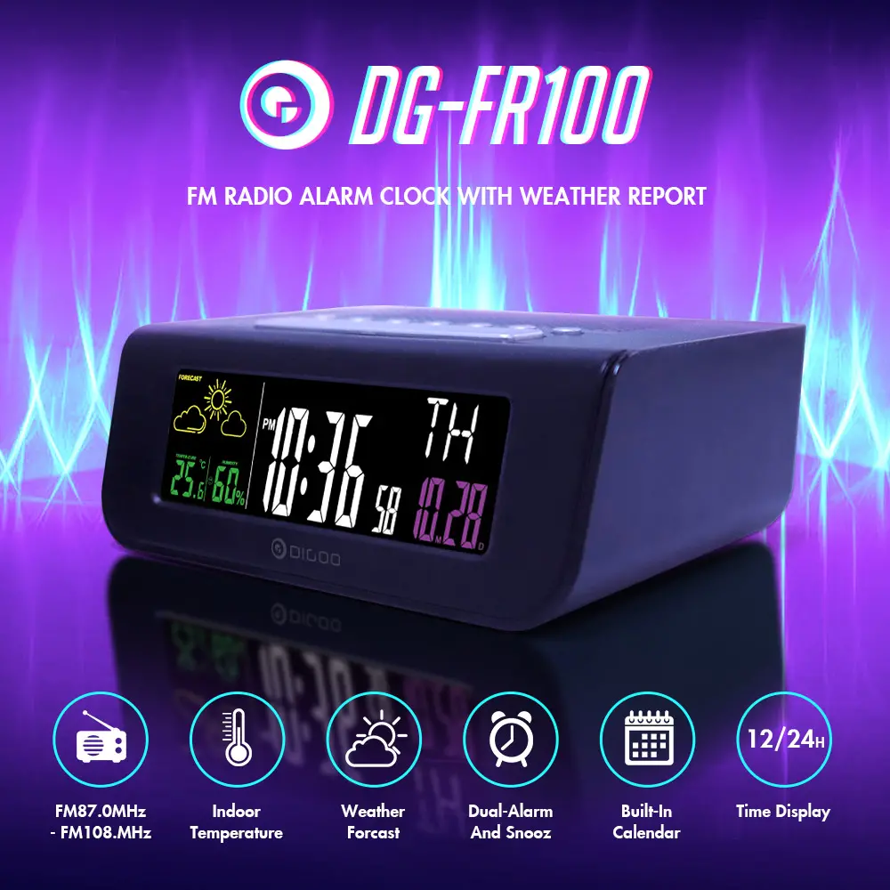 Digoo DG-FR100 SmartSet Réveil Numérique sans Fil Prévisions Météo Sommeil avec Radio FM Horloge